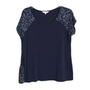 Downeast Navy Floral Short Sleeve Top Women's XXL